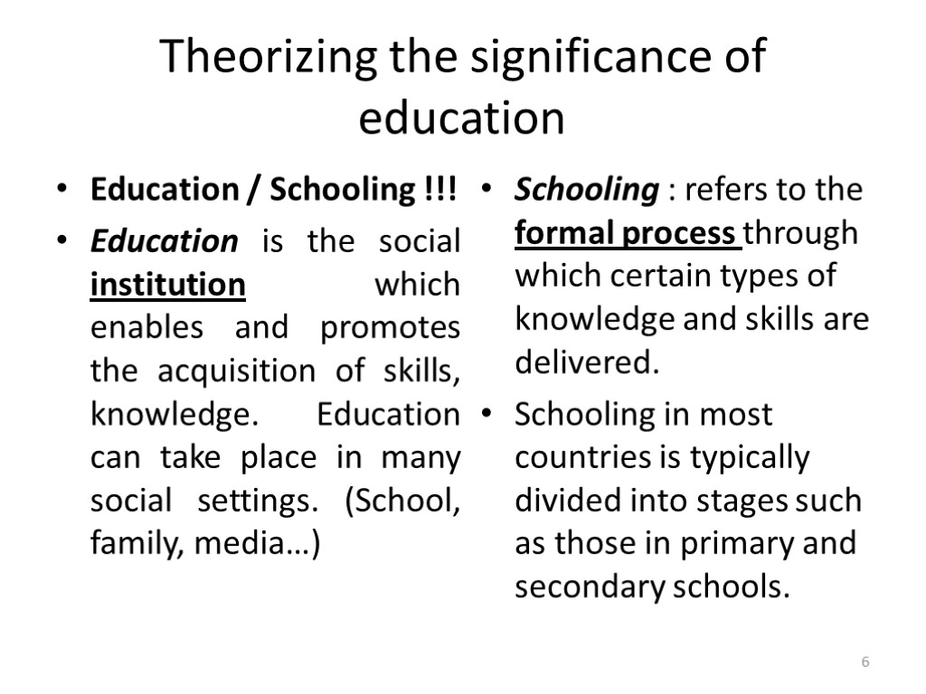 Theorizing the significance of education Education / Schooling !!! Education is the social institution